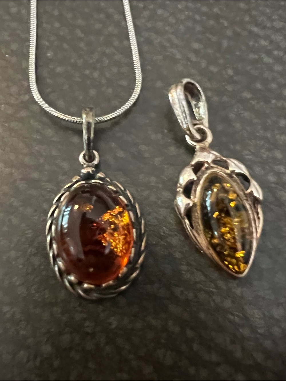 Sterling Silver Amber Pendant Necklace - Warm Honey Brown Amber
